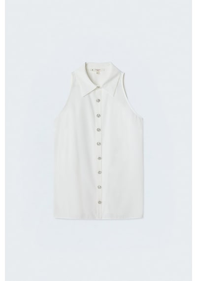 Sateen Halter Yaka Gömlek - Ekru-137483
