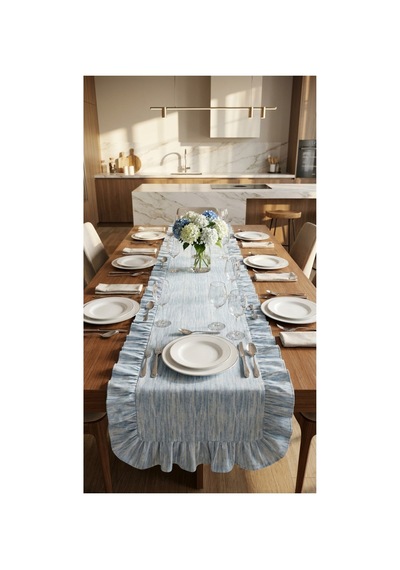 %100 Pamuk Özel Desenli Fırfırlı Runner 40x110 Mavi - 900657499 Mavi