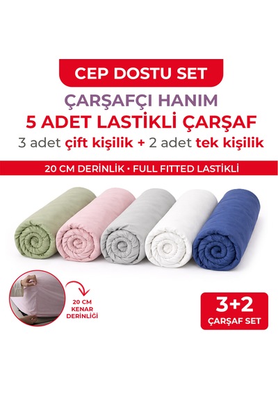 5 Adet Pamuklu Ranforce Lastikli Çarşaf - Cep Dostu Paket Çok Renkli