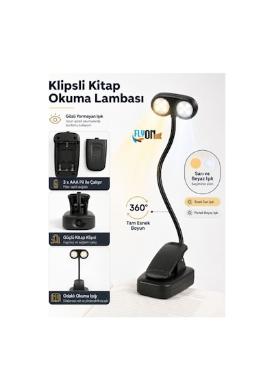 Gözü Yormayan Klipsli Kitap Okuma Işığı 3w Smd Led Mandallı Pilli Lamba 360 Esnek Boyun Sarı Ve Beyaz Işık Siyah