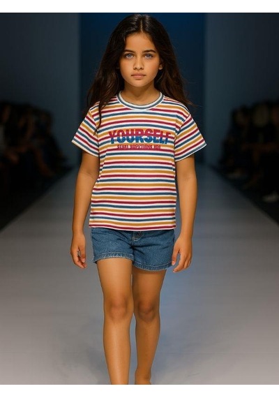 Cicihlid Çocuk Çizgili Pamuklu T-shirt-15895 Renkli