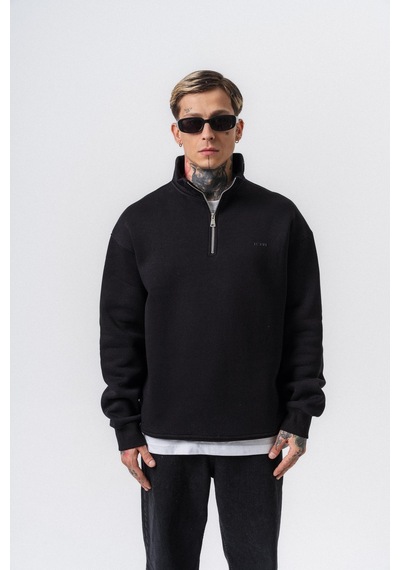 Erkek Respire Yazı Detaylı Yarım Fermuarlı Basic Sweatshirt Siyah