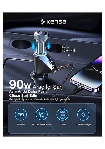90w Type-c Usb Araç Şarjı Süper Hızlı Pd 4.0 & Qc 3.0 Çakmaklık Şarj Adaptörü 1