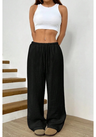 Tarz Cool Bol Paça Müslin Kadın Pantolon Kmslpnt0125 Siyah