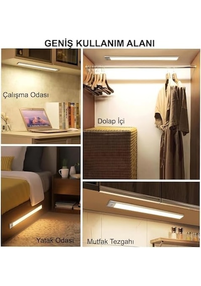 Sensörlü Alüminyum Usb Şarjlı Led Gece Lambası, 3 Renk Kısılabilir, Mutfak Dolap Tezgah İçin 40 Cm