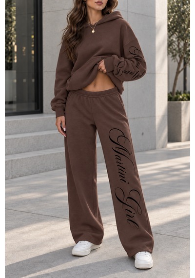 Macklin Unisex Kadın Erkek Martini Girl Kol Paça Baskılı Oversize 3 İplik Kapüşonlu Sweatshirt Ve Baggy Eşofman Altı Kahverengi