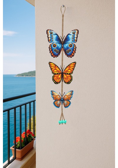 Duvar Süsü Ahşap Dekoratif İpli Sarkıt - Kelebek Motif Mavi