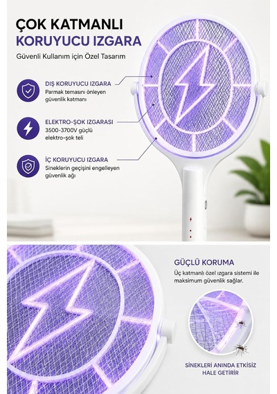 Elektrikli Sinek Öldürücü Raket 3500-3700v, 1200 Mah, Type-c Şarjlı