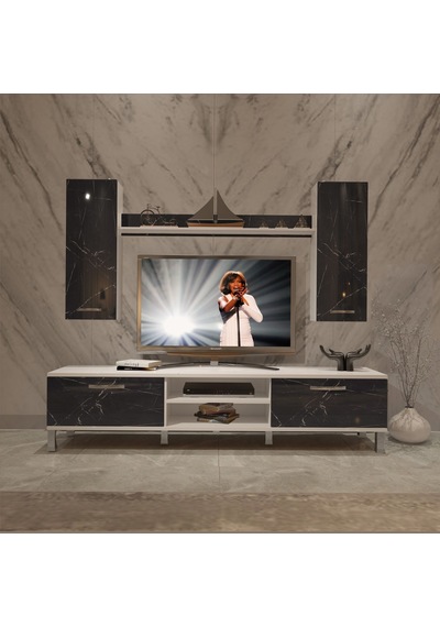 Decoraktiv Eko 7 Mdf Dvd Krom Ayaklı Tv Ünitesi Tv Sehpası Beyaz - Siyah Mermer