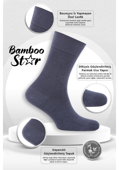Bamboo Star Bambu Erkek Soket Uzun Düz Füme Dikişsiz 3'lü Premium Kutulu Çorap
