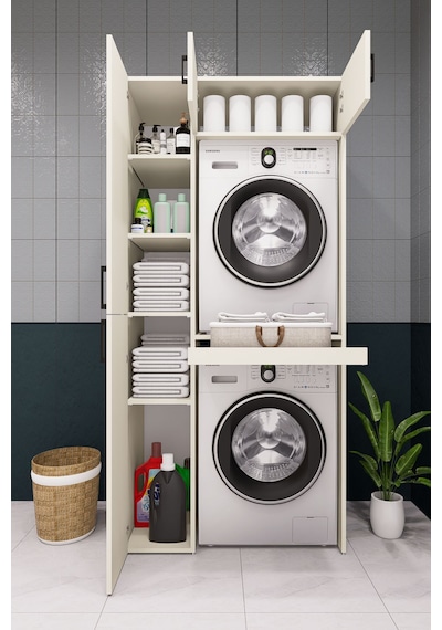 Mdf Çamaşır Makinesi Ve Kurutma Makinesi Dolabı Standart Aytaşı Krem