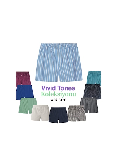 Yohannes Club Boxer Erkek, 5'li "vivid Tones Koleksiyonu" % 100 Pamuklu Poplin Kumaş, Canlı Renkler, 5 Adet Asorti