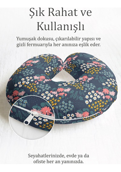 Çiçek Desenli Pamuklu Boyun Yastığı - Renkli Bahar Motifli Lacivert Seyahat Yastığı Soft Gün Batımı Sütlü Bej