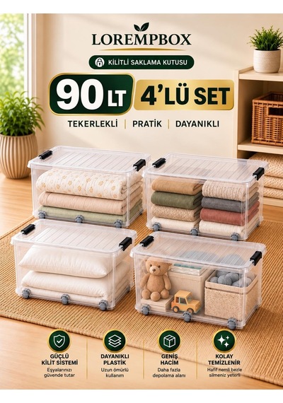 Lorempbox 90 L Tekerlekli Kilitli Saklama Kutusu 4'lü Set Şeffaf Diğer