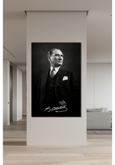 Atatürk İmzalı Siyah Beyaz Cam Tablo Modern Prestij Uv Baskı Duvar Dekoru