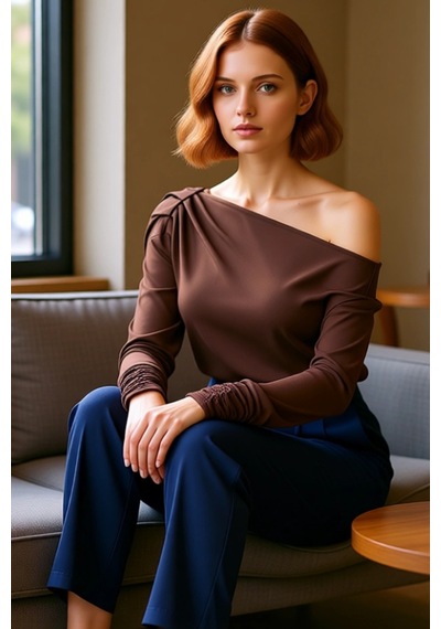 Ersefa Moda Asimetrik Yaka Örme Regular Düz Desen Resmi Regular Uzun Kol Kahverengi
