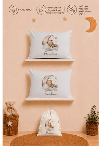 İsme Özel Kız Bebek Hediyesi 2 Adet 35x45 %100 Pamuk Yastık Kılıfı Ve Ham Bez Bebek Kıyafet Kesesi 1051y2kyx