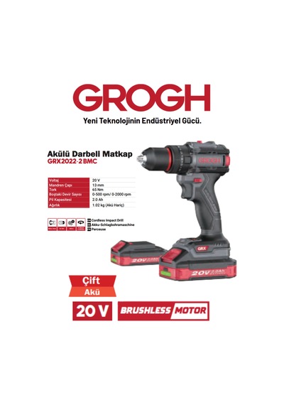 Grogh GRX2022-2 BMC Akülü Şarjlı Matkap 20V 2AH Darbeli Delme Vidalama Matkap
