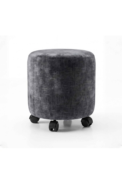 Ratemo Antrasit Gri Tekerlekli Silindir Puf Tabure Döşemelik Kumaşlı Modern Hareketli Oturma Pufu 35x40 Cm