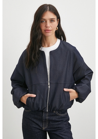 Beli Lastikli Fermuarlı Denim Görünümlü Bomber Ceket Lacivert Lacivert