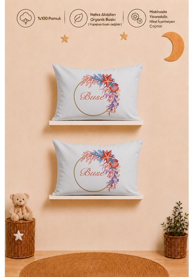 İsme Özel Kız Bebek Hediyesi 2 Adet 35x45 %100 Pamuk Yastık Kılıfı Ve Ham Bez Bebek Kıyafet Kesesi 1037y2k3x