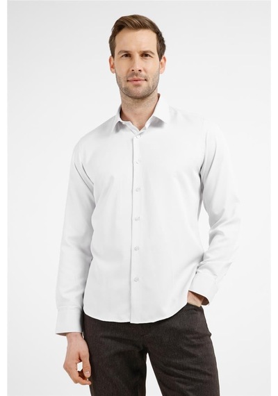 İmza Bej-beyaz Kendinden Desenli Sert Yaka Uzun Kol Cepsiz Slim Fit Pamuklu Gömlek 1004255214 K.bej - Beyaz