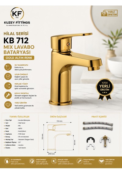 Mix Lavabo Bataryası Gold Altın Renk Batarya Hilal Serisi Yerli Üretim Kb712 Altın - Gold