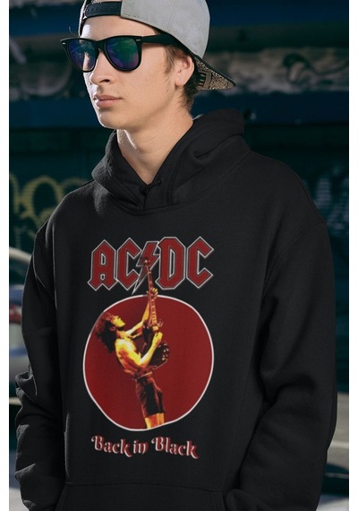Sevbano Ac Dc Back In Black Baskılı Unisex Oversize Rock Metal Hoodie Siyah