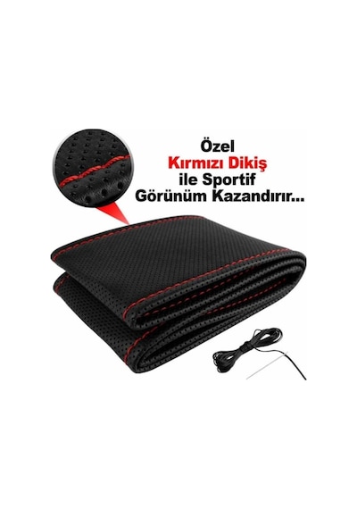 Deri Direksiyon Kılıfı Sarmalı Dikmeli Kırmızı Dikişli Kokusuz