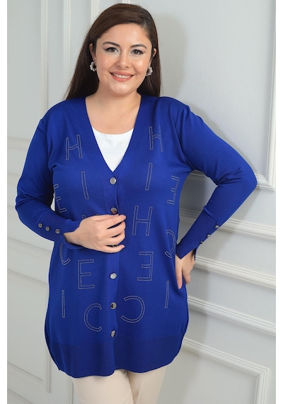 By Saygı Kadın Kolları Düğme Detaylı Taş Harf Baskılı Soğuk İplik Büyük Beden Hırka-41855 Saks By Saygı Kadın Kolları Düğme Detaylı Taş Harf Baskılı Soğuk İplik Büyük Beden Hırka-41855 Saks