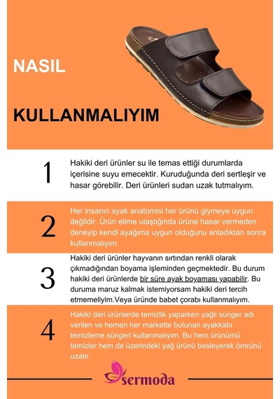 Sermoda Hakiki Deri Erkek Terlik Çift Cırt Bantlı Ortopedik Rahat Taban Günlük Terlik Cm Kahve