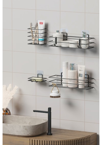 Zabata Yapışkanlı Banyo Seti Duş Rafı + Sabunluk + Diş Fırçalık Metal Set Siyah