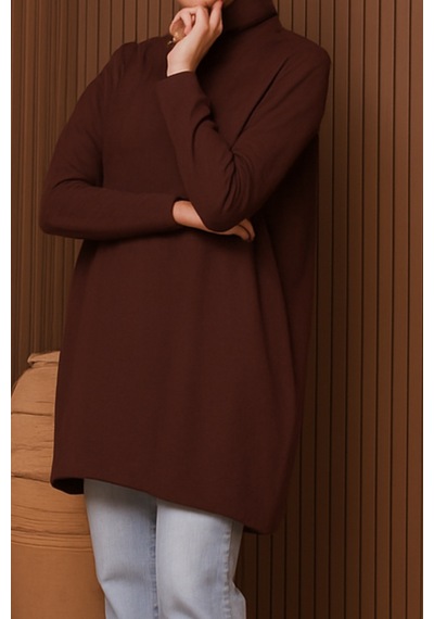 Balenbi Kadın Dik Yaka Basic 80cm Salaş Oversize Triko Tunik 1145 Kahverengi
