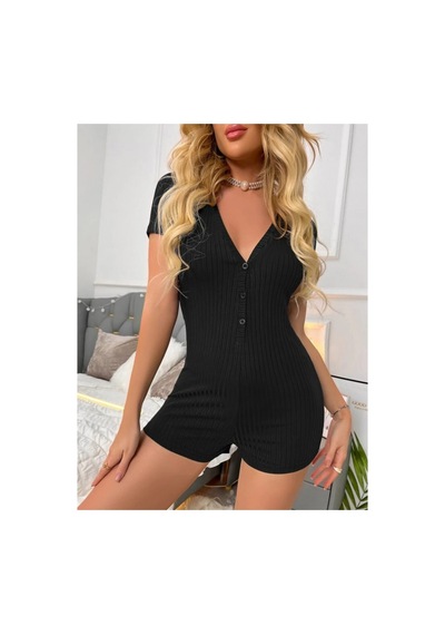 Butik İstanbul Kadın Kısa Kollu Önü Düğmeli Mini Bodycon Fitilli Kaşkorse Tulum Siyah