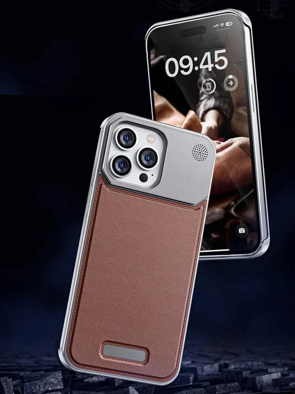 Therock 15 Pro Max Magsafe Özellikli Alüminyum Alaşımlı Hakiki Deri,kokulu Metal Kızaklı Telefon Kılıfı Açık Kahverengi