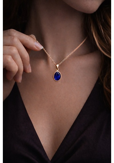Kadın Bakır Kolye Doğal Koyu Mavi Safir Taşlı Minimal Model Kolye Diğer