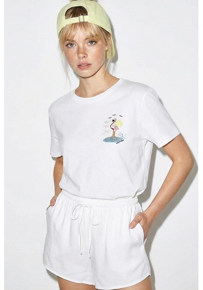 Shade Kadın Pamuk El İşi Flamingo Nakış Detaylı  Tasarım T-shirt 1004 60282049 - Beyaz L