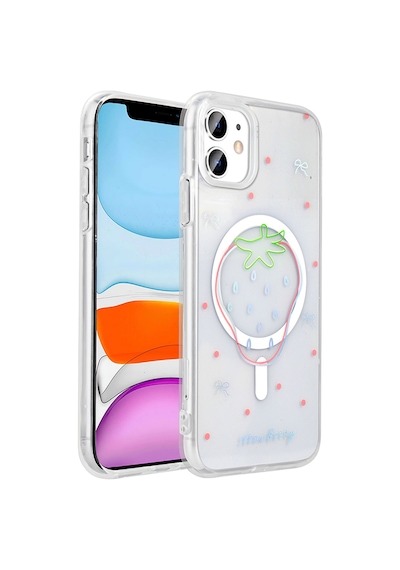 Apple Uyumlu iPhone 11 Kılıf M-safe Şarj Özellikli Şeffaf Zore Folk Sert Kapak Çilek