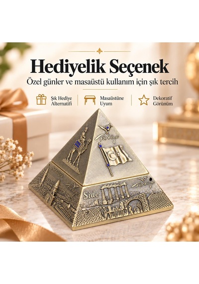 Türkiye Temalı Metal Piramit Küllük Tütsülük Takı Kutusu Kapaklı Dekoratif Hediyelik 10x10 Cm