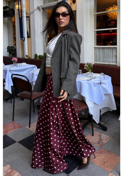 Madmext Bordo Puantiyeli Maxi Kadın Saten Etek Mg2725