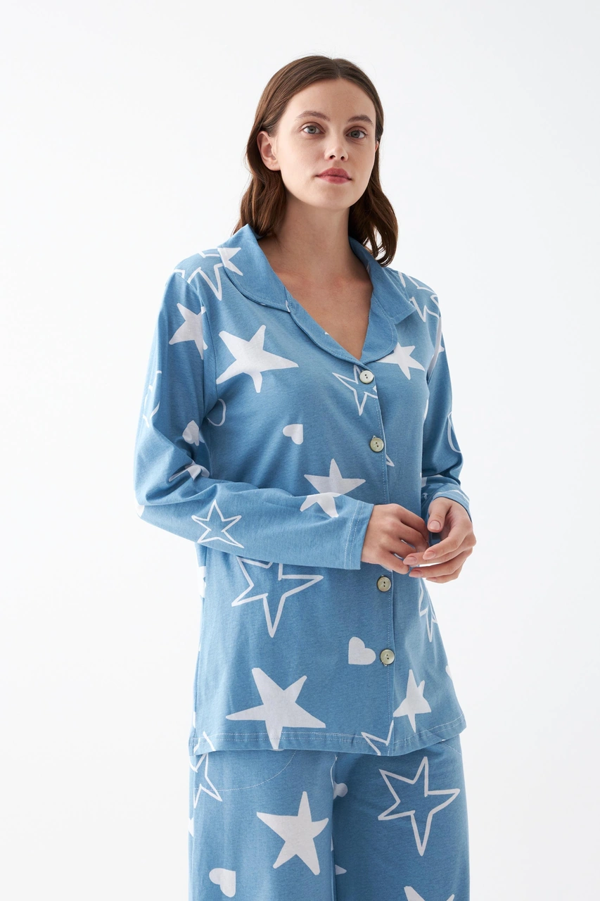 Akbeniz Kadın Mavi Yıldız Desenli Düğmeli Pamuklu Pijama Takımı Mavi