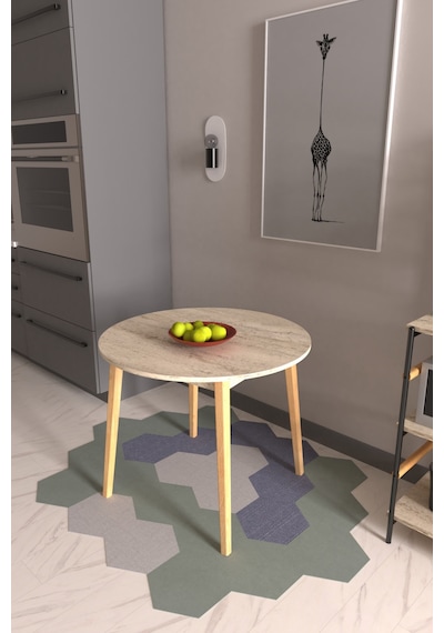Vilinze Avanos Yuvarlak Sabit Mdf Traverten Mutfak Masası - Q90 Cm
