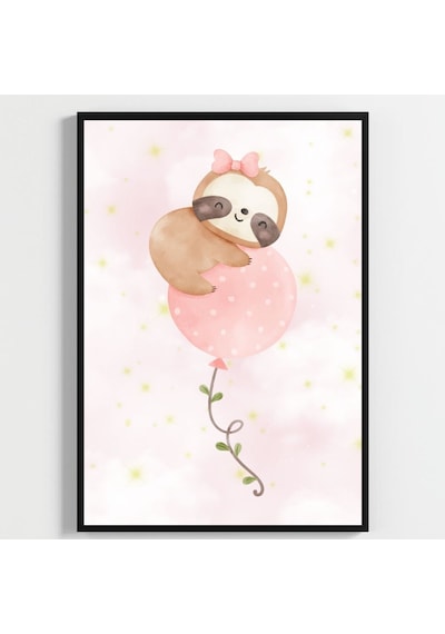 Besay Sevimli Tembel Hayvan Bebek Odası Duvar Dekorasyonu Pembe Bulutlu Ve Balonlu Çocuk Odası Posteri 3'lü Set A2 Çerçev