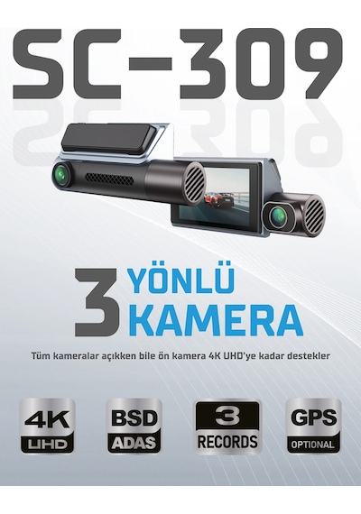 Kayıt Cihazı 4k 3.2'' Dokunmatik Ekran 3 Kameralı Araç İçi Kamera Sc-309