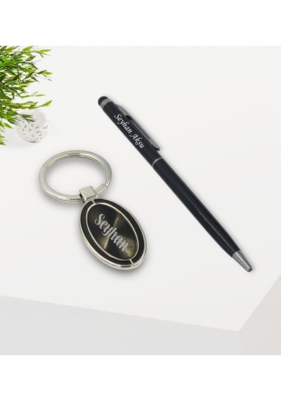 Kişiye Özel Siyah Touchpen Tükenmez Kalem Ve Metal Anahtarlık Hed