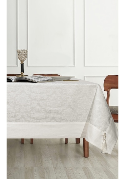 Pamuklu Damask Desen Krem Renk Lüks Masa Örtüsü 160x220cm