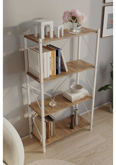 Dört Katli Çok Amaçli Rafli Kitaplik Beyaz Profil Çam Sunta 60x24x115 Cm Mtl020 Beyaz-çam