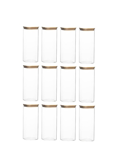 7-4 Bambu Vakumlu Kapaklı Kare Borsilikat Cam 12li Kavanoz Seti Saklama Kabı 1900ml 9,5x27cm Çok Renkli