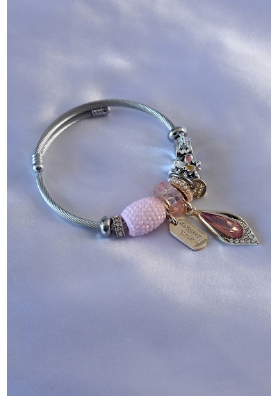 Pembe Renk Kristal Taşlı Yaprak Figür Zirkon Taşlı Charm Model Kadın Bileklik Çok Renkli