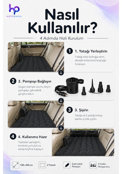 Araç İçi Şişme Araba Yatağı Kamp Seyahat Oto Arka Koltuk Yatağı Gri